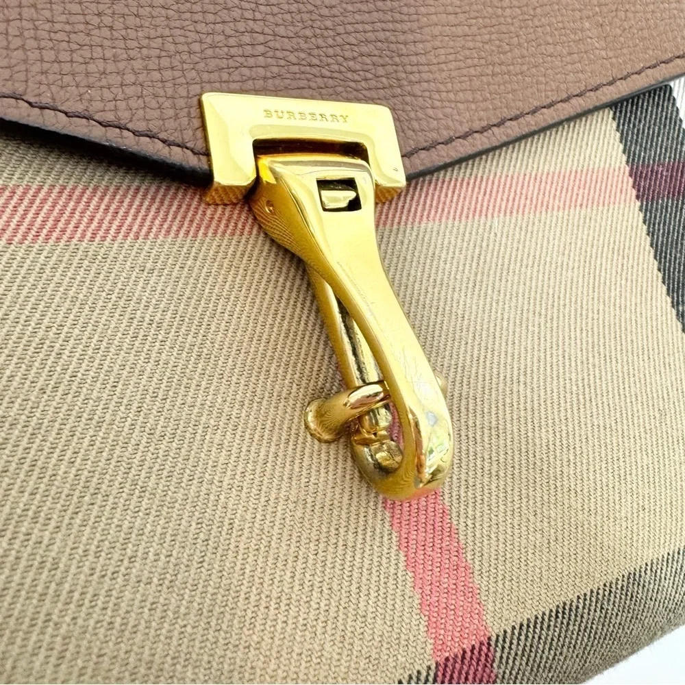 BURBERRY Derby Calfskin House Check Small Macken Crossbody Bag Tan